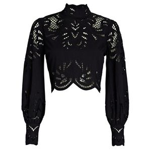 INTERMIX Black Cropped Eyelet Lace High Neck Blouse
